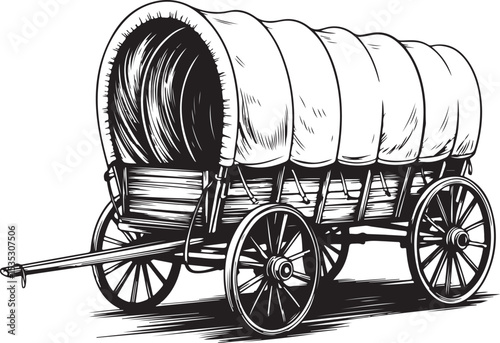 covered wagon vintage illustration depicting historical transportation vehicle with fabric canopy and wooden wheels