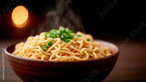 Steaming bowl of ramen noodle with green onion garnish, warm and inviting atmosphere, close up shot, perfect for comfort food concepts