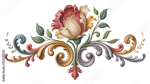 Baroque Floral Design with Metallic Scrollwork and Leaves