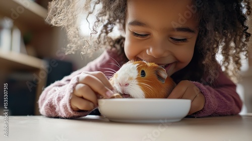 Child Feeding Adopted Guinea Pig at Home