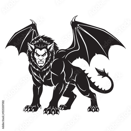 Ancient Manticore Legendary Predator Form Vector, Showing Its Long, Deadly Scorpion Tail - manticore silhouette - manticore vector - silhouette of manticore - Manticore illustration
