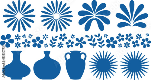 collection of decorative floral patterns vases and ornaments in blue silhouette style for home decor