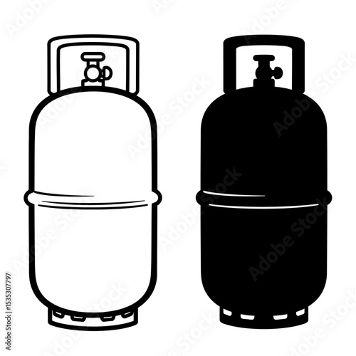 Gas cylinder tanks in various colors and contents, LPG propane butane bottle containers, hydrogen and oxygen gas cylinder fuel