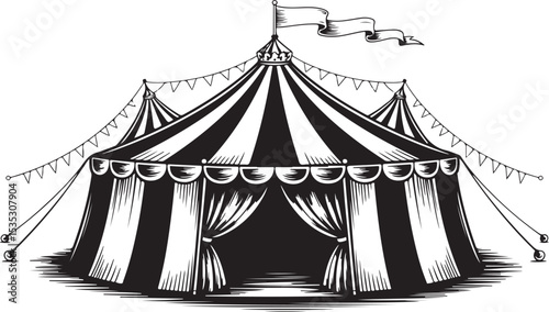 circus tent illustration with flags curtains and ropes representing vintage fairground entertainment