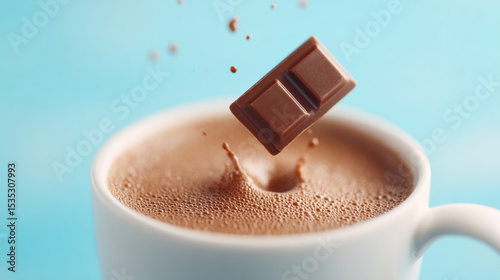 Closeup chocolate splash cup beverage brown sweet drink highspeed photography. piece of chocolate drops into frothy cup of hot chocolate creating dynamic splash against blue background