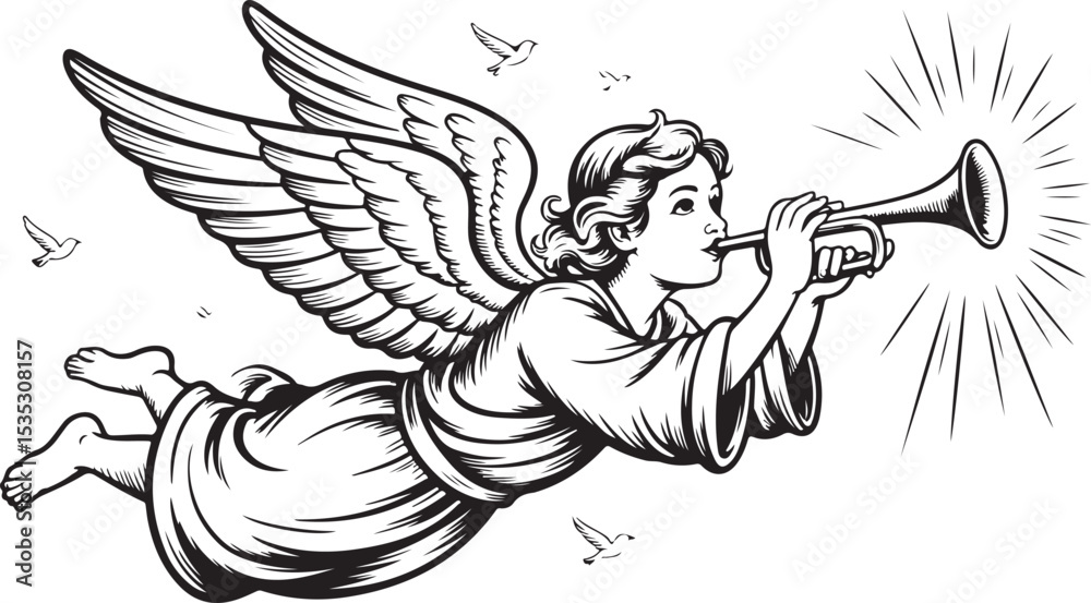 Fototapeta premium angel blowing trumpet illustration with detailed wings flowing robe and light rays symbolic religious artwork