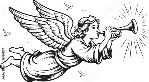 angel blowing trumpet illustration with detailed wings flowing robe and light rays symbolic religious artwork