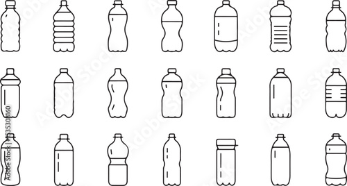 Variety of plastic bottles collection featuring multiple shapes and sizes with caps and outlines for packaging design