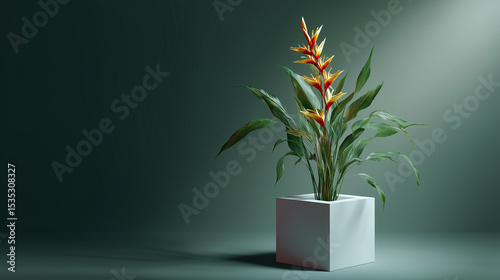Minimal White Pedestal with Tropical Heliconia Stem
