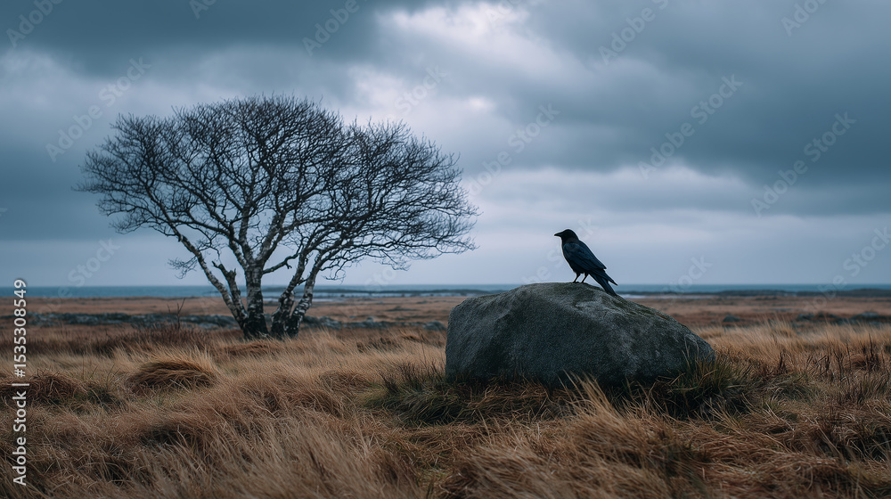 Fototapeta premium Odin at Nameless Grave Under Birch Tree with Raven and Windblown Grass 