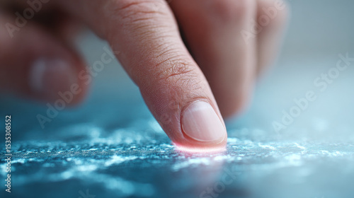 Closeup of human finger touching digital surface with glowing effect, demonstrating futuristic technology interaction and innovation in modern environment