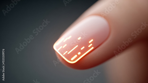 Extreme closeup of human fingernail with glowing digital circuit pattern, futuristic technology concept, soft lighting, smooth skin, innovation, modern style