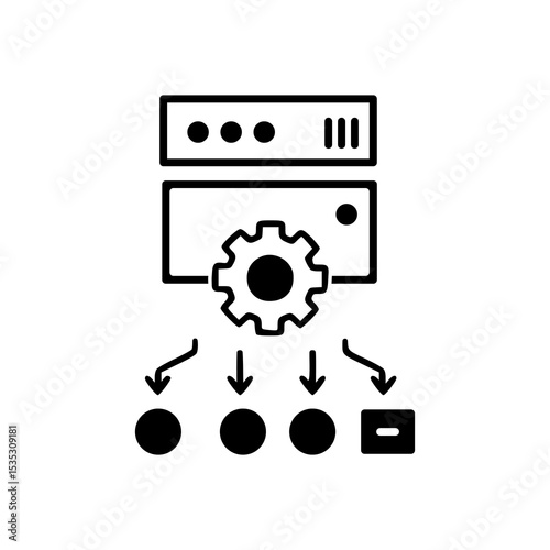 Conceptual illustration of a server distributing data to clients via central gear. Suitable for technology and networking concepts.