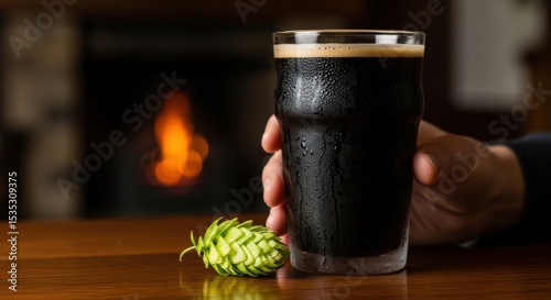 Hand holding a frosted glass of dark stout beer with condensation by a warm fireplace