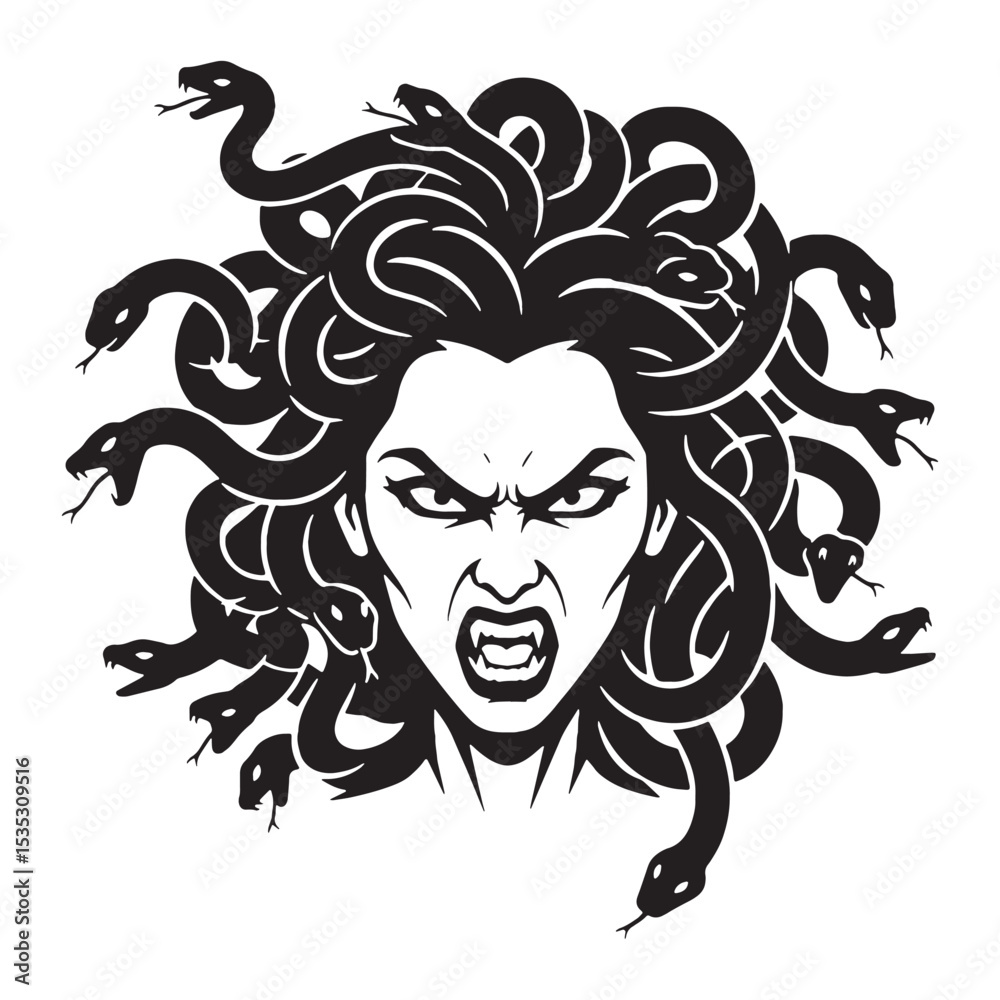 Obraz premium Darkened Medusa Petrifying Gaze Depiction Outline, Showing Her Unkind Face - medusa silhouette - medusa vector - silhouette of medusa - Medusa illustration - mythical creature silhouette 