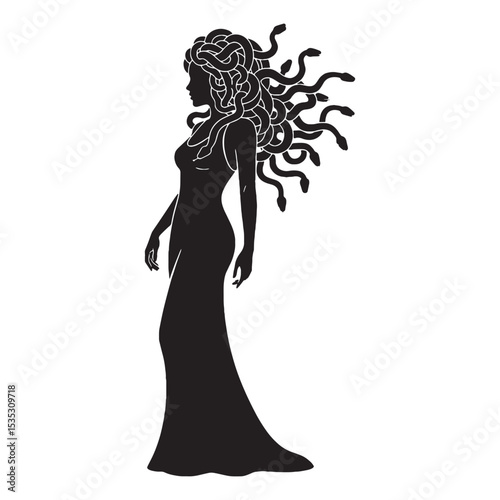 Dramatic Vector Medusa Ancient Cursed Figure Concept Image, with Her Deadly Gaze - medusa silhouette - medusa vector - silhouette of medusa - mythical creature vector
