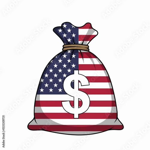 This high-quality vector image features a cartoonish money bag overlaid with the American flag pattern (stars, red/white stripes) and a white dollar sign, all with fine details.
