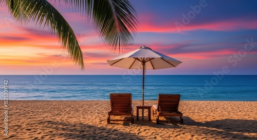 Empty wooden lounge chairs and umbrella on a tropical beach at vibrant sunset