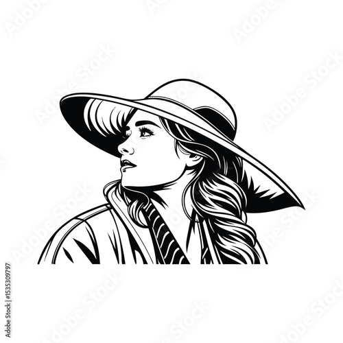 Portrait of a woman wearing a wide brimmed hat, black and white