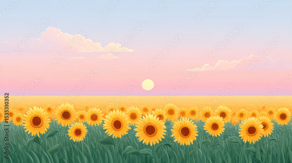 Obraz premium Vast sunflower field under pastel pink and blue sky at sunrise, with golden sunflowers glowing warmly, creating peaceful and impressionistic landscape scene