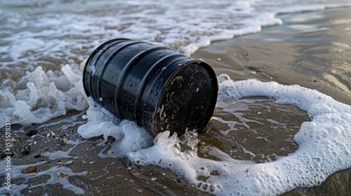 Black oil barrels on the beach