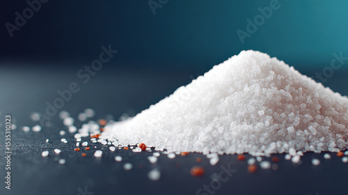 Coarse white salt crystals form small mound on dark surface, with few reddish grains scattered nearby, creating clean and minimalistic macro composition