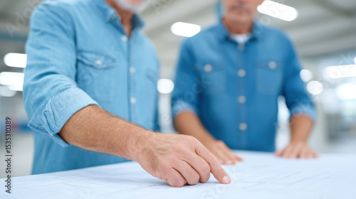 Two male industrial engineers collaborating on layout design, focusing on blueprints in modern factory setting, teamwork and planning concept