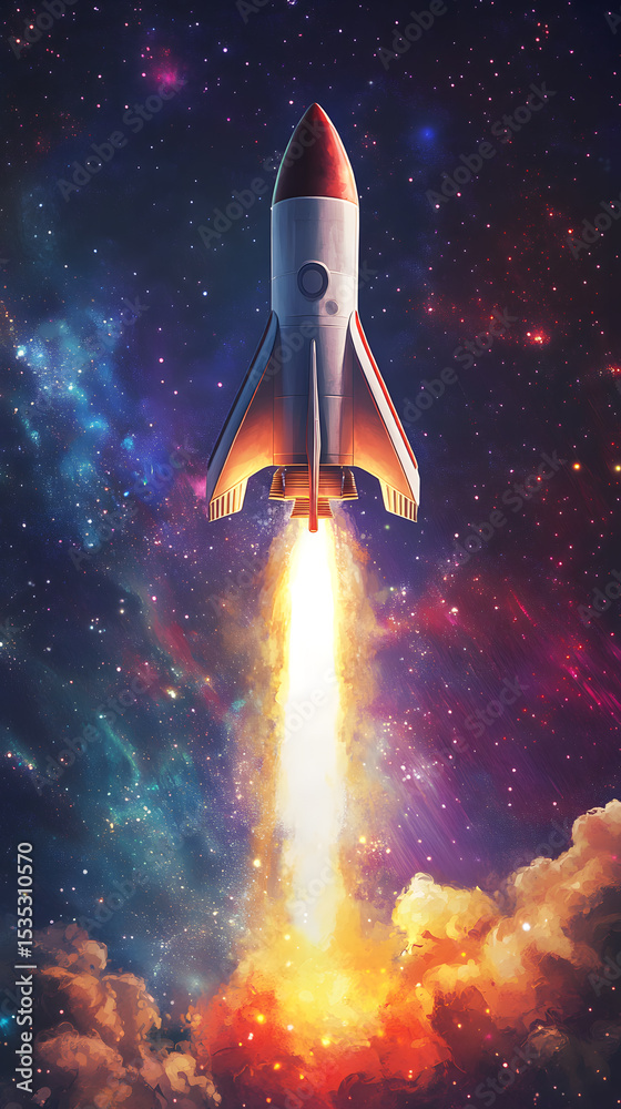 Obraz premium Rocket Launching into Space with Vibrant Cosmic Background