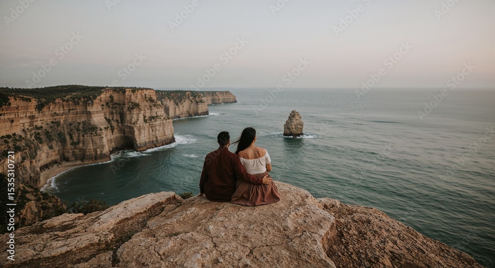 indian couple on rocky coast sitting close admiring view indian couple on rocky coast sitting close admiring view