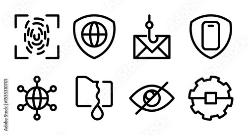 set of tech icons including mobile security, phishing,web fingerprint protect, data leakage, privacy, setup , web inside shield & more. Escalable icon.