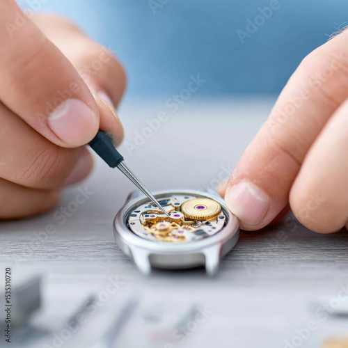 Close up of hands using small screwdriver to repair mechanical watch, focusing on intricate gears and components, showcasing precision and craftsmanship
