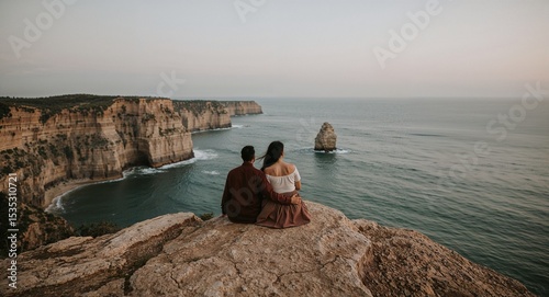 indian couple on rocky coast sitting close admiring view