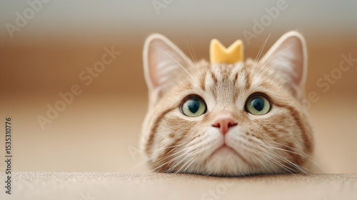 Grumpy looking cat with green eyes and tiny crown on its head, lying on soft surface, exudes regal yet humorous expression in cozy indoor setting