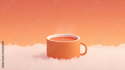 Surreal landscape with gigantic glowing orange cup of coffee floating above soft clouds, dreamy atmosphere, warm color palette, whimsical and imaginative scene