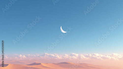 Surreal landscape of vast desert with soft sand dunes under clear blue sky, crescent moon above, and gentle clouds, evoking calm and wonder