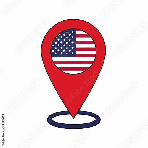 An inverted teardrop-shaped location marker in red with an American flag pattern (stars and stripes) on top and a dark blue circular base, all finely detailed and suitable for vector use.