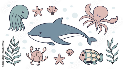 Adorable hand drawn marine animals illustration with dolphin octopus and starfish elements