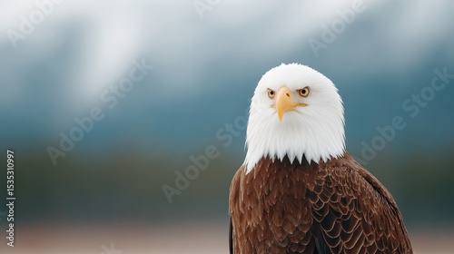 Majestic bald eagle perched with intense gaze, white head and yellow beak, brown feathers, telephoto shot, natural outdoor setting, symbol of strength and freedom