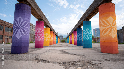 Vibrant urban cultural space with colorful painted concrete pillars, openair art gallery, geometric flower patterns, creative city environment, and industrial background