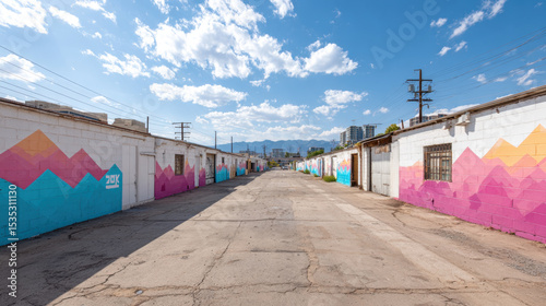 Colorful mural urban alley openair art gallery vibrant street art cityscape blue sky mountain view creative space cultural area sunny day
