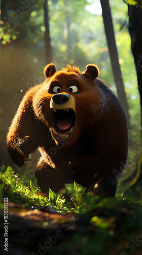 Animated bear running through a sunlit forest with an expressive face