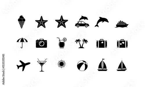 A vacation icon set featuring 18 summer vacation icons in black on a white background. Ideal for travel websites, flyers and social media posts.