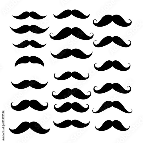 Moustache icons. Black moustaches, man accessories or props. Barber shop, gentlemen model face hairs. Isolated hipster fashion vector set