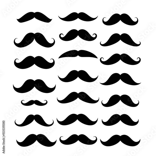 Moustache icons. Black moustaches, man accessories or props. Barber shop, gentlemen model face hairs. Isolated hipster fashion vector set