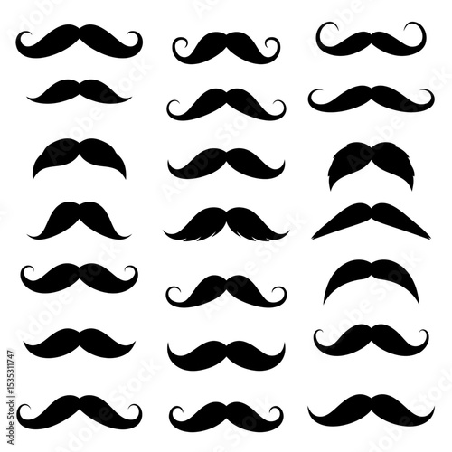Moustache icons. Black moustaches, man accessories or props. Barber shop, gentlemen model face hairs. Isolated hipster fashion vector set