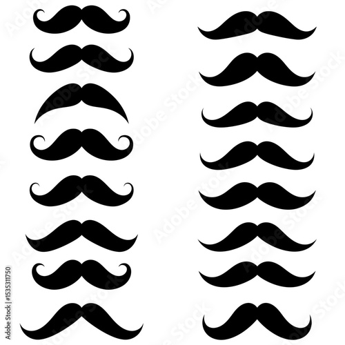 Moustache icons. Black moustaches, man accessories or props. Barber shop, gentlemen model face hairs. Isolated hipster fashion vector set