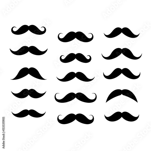 Moustache icons. Black moustaches, man accessories or props. Barber shop, gentlemen model face hairs. Isolated hipster fashion vector set