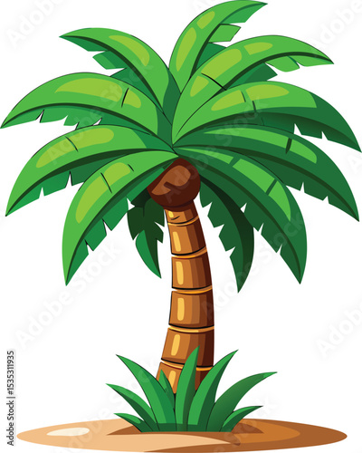 Cartoon Palm Tree Green Leaves Brown Trunk Sandy Base