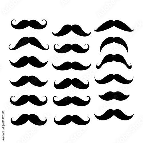 Moustache icons. Black moustaches, man accessories or props. Barber shop, gentlemen model face hairs. Isolated hipster fashion vector set
