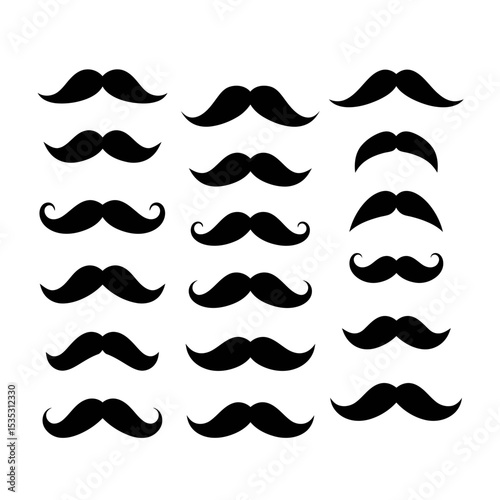 Moustache icons. Black moustaches, man accessories or props. Barber shop, gentlemen model face hairs. Isolated hipster fashion vector set